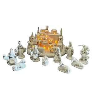 Vtg 11pc Nativity Set Bethlehem Jerusalem Lighted Village International Bazaar